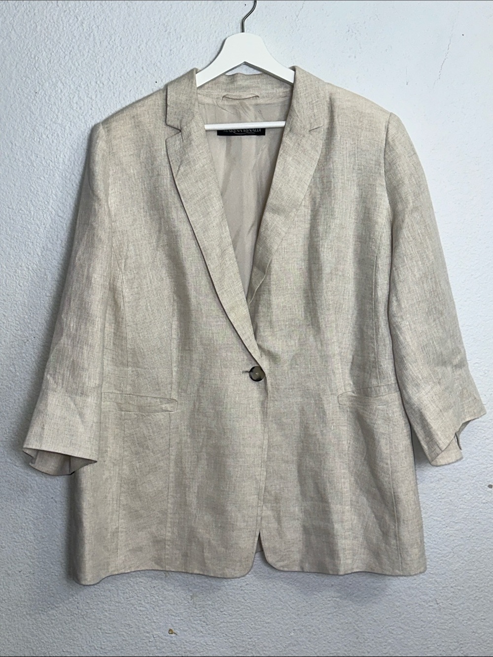 Marina Rinaldi Cream Linen Blazer Padded Shoulders‎ 3/4 Sleeve Pockets Plus Size